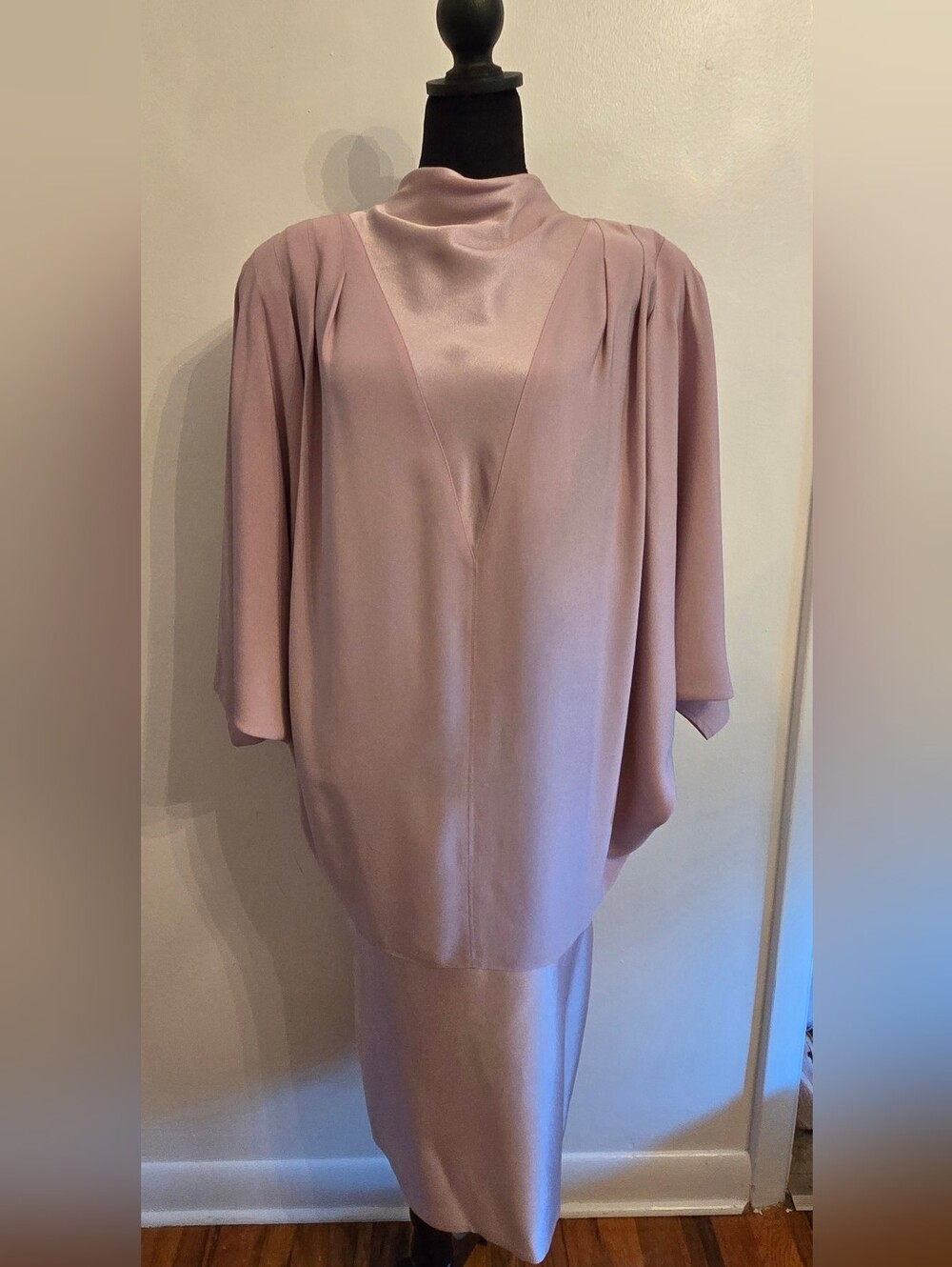 DAYMOR Couture Vintage 80s Midi Dress Batwing Sleeves Cowl Neck Size 8